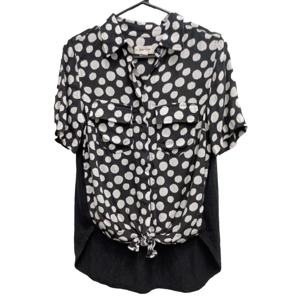 Anthropologie Porridge BOHO Top Womens‎ Small Black White Polka Dot Short Sleeve
